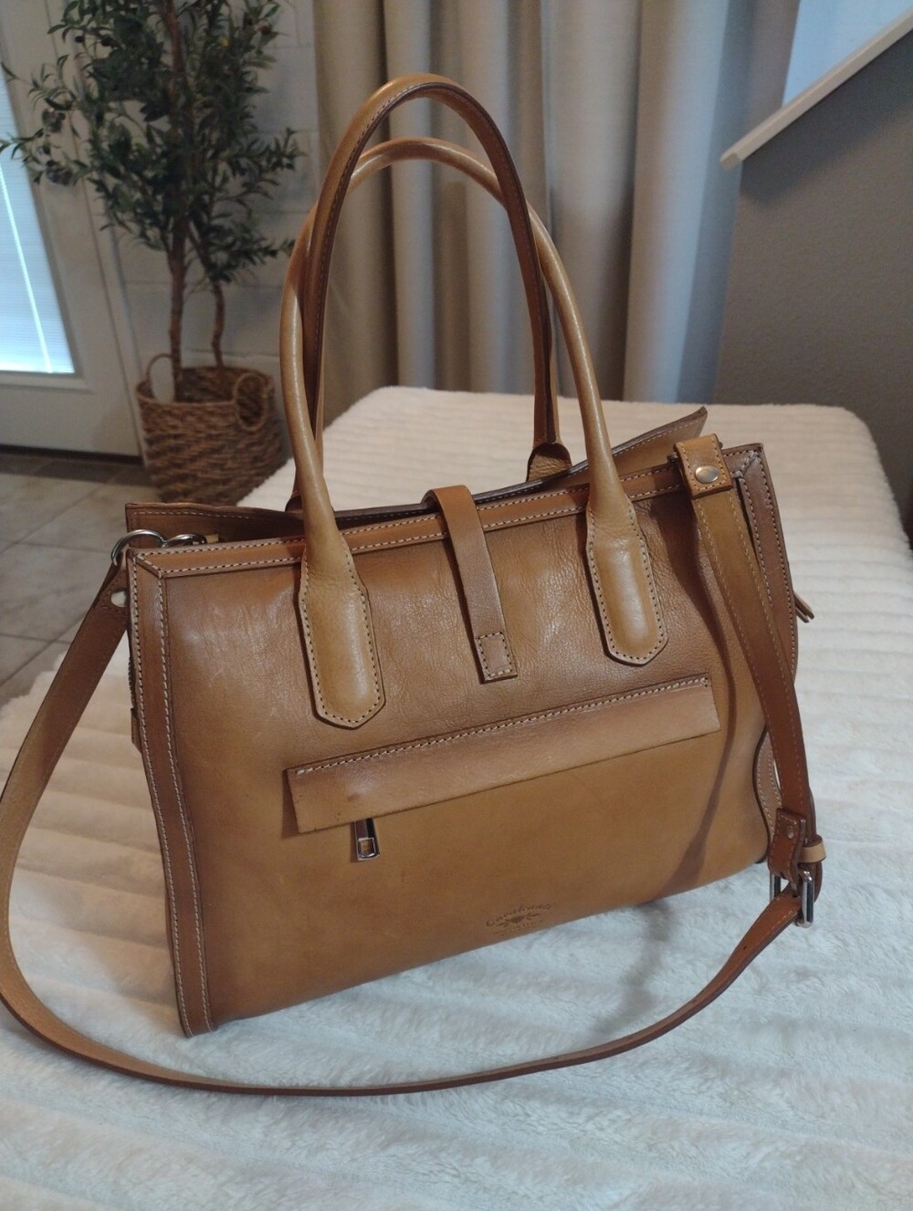 Cavalcanti Genuine Italian Leather Satchel Tan Burnished Extra Strap Red Lining - Picture 2 of 16